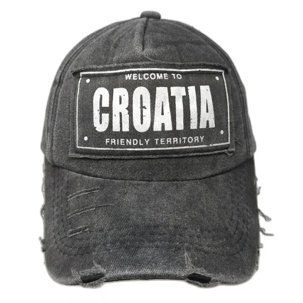 Dolphin Club 5 Panel Gray One Size Hat Croatia Patch Frayed Slideback Cotton